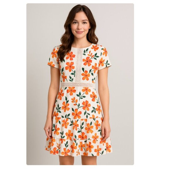 New Alexia Admor Floral Lace Trim Fit & Flare Mini Dress 10 Peach White Fern - Picture 1 of 14